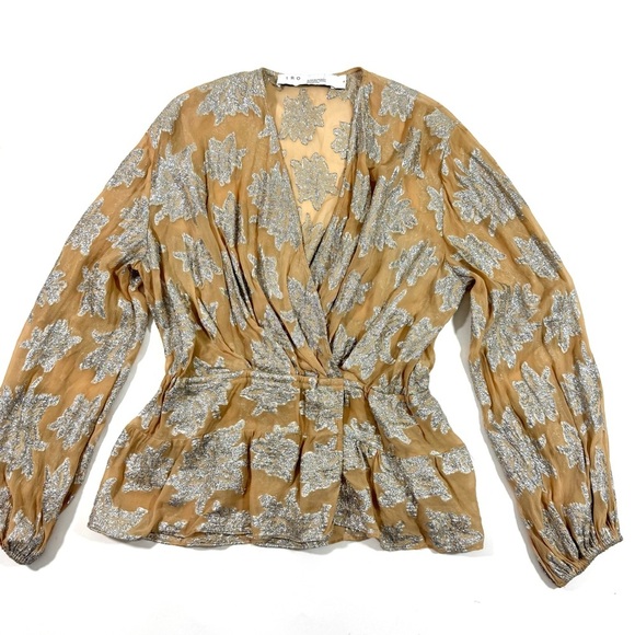 IRO Sheer V Neck Peplum Blouse Long Sleeve Beige Silver - Picture 1 of 8